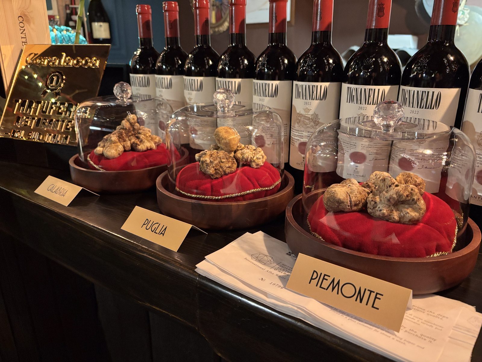 Tartufi di Piemonte, Umbria e Marche su cuscini rossi, con i vini in abbinamento